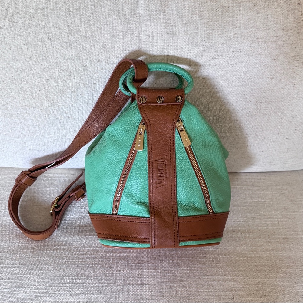 Valentina Italian Pebbled Leather Sling
Bag Backpack Purse‎ Mint Green /Brown